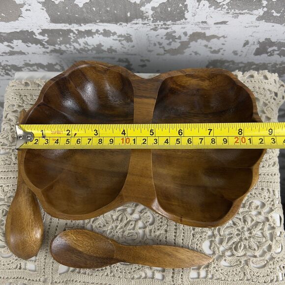 Monkey Pod Wood Basket‎ Bowl With Serving Spoons Hand Carved Scalloped Seashell - Picture 8 of 13